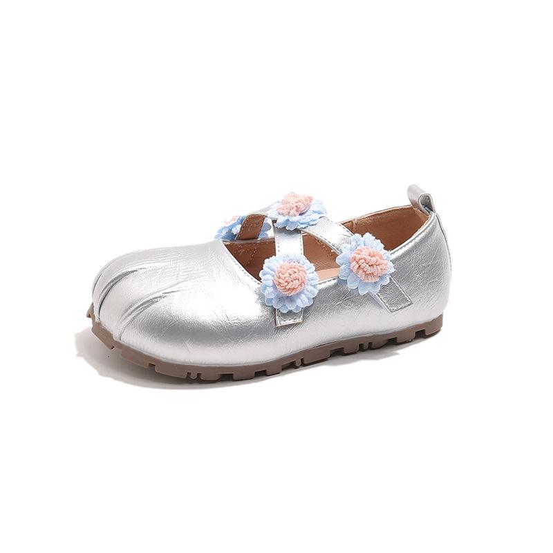 Kids Flower Decor Cross Strap Soft Sole Non Slip Casual Mary Jane Shoes 23 серебряный