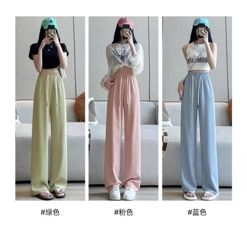 

Macaron chiffon drawstring trousers women s drooping wide-leg trousers women s high-waisted loose and thin versatile casual trousers One Size (80-70 kg) зелёный