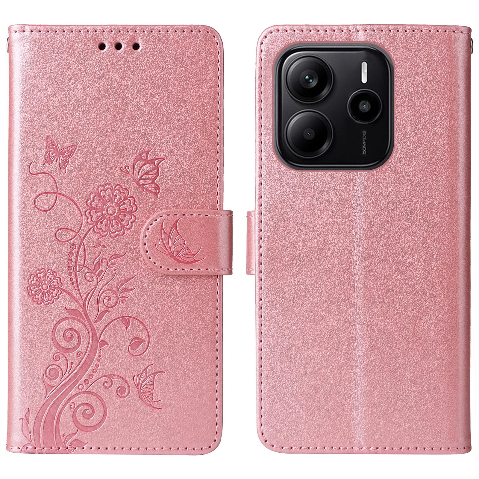 

For Xiaomi Redmi Note 14 4G (164.84mm) Case Butterfly Floral Imprint Wallet Stand Leather Phone Cover Pink