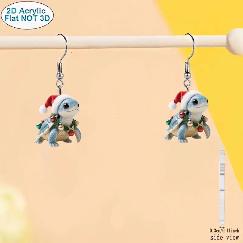 Creative Christmas Turtle Earrings with Santa Hat - Flat Acrylic Animal Design