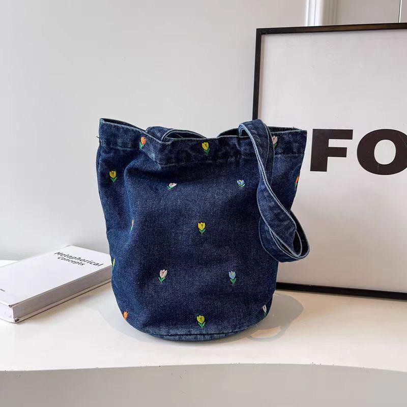 Japanese Style Denim Print Bucket Bag - Large Capacity Women's Tote for Shopping and Commuting