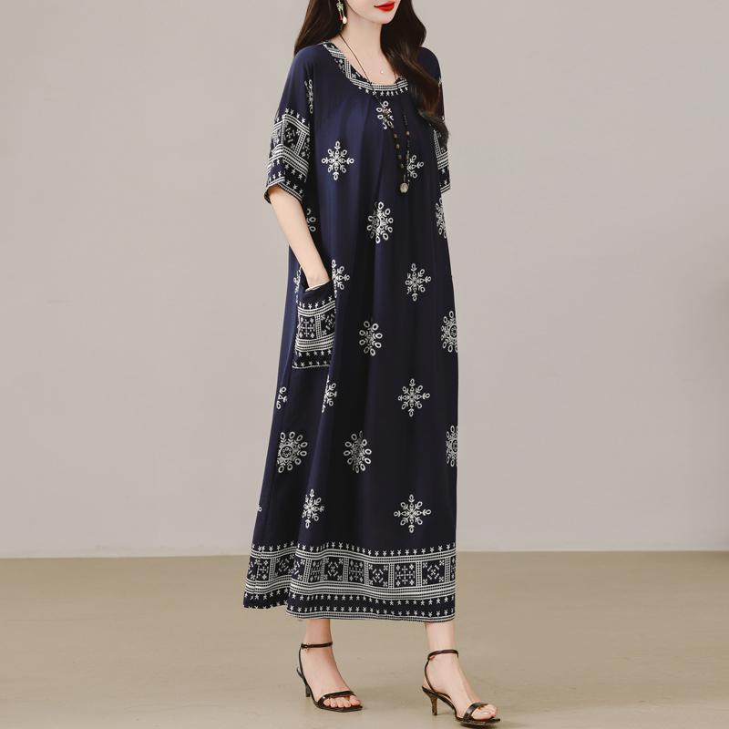Women's Plus Size Maxi Dress, Boho Print Loose Short Sleeve Casual Dress with Pockets (XL-5XL)