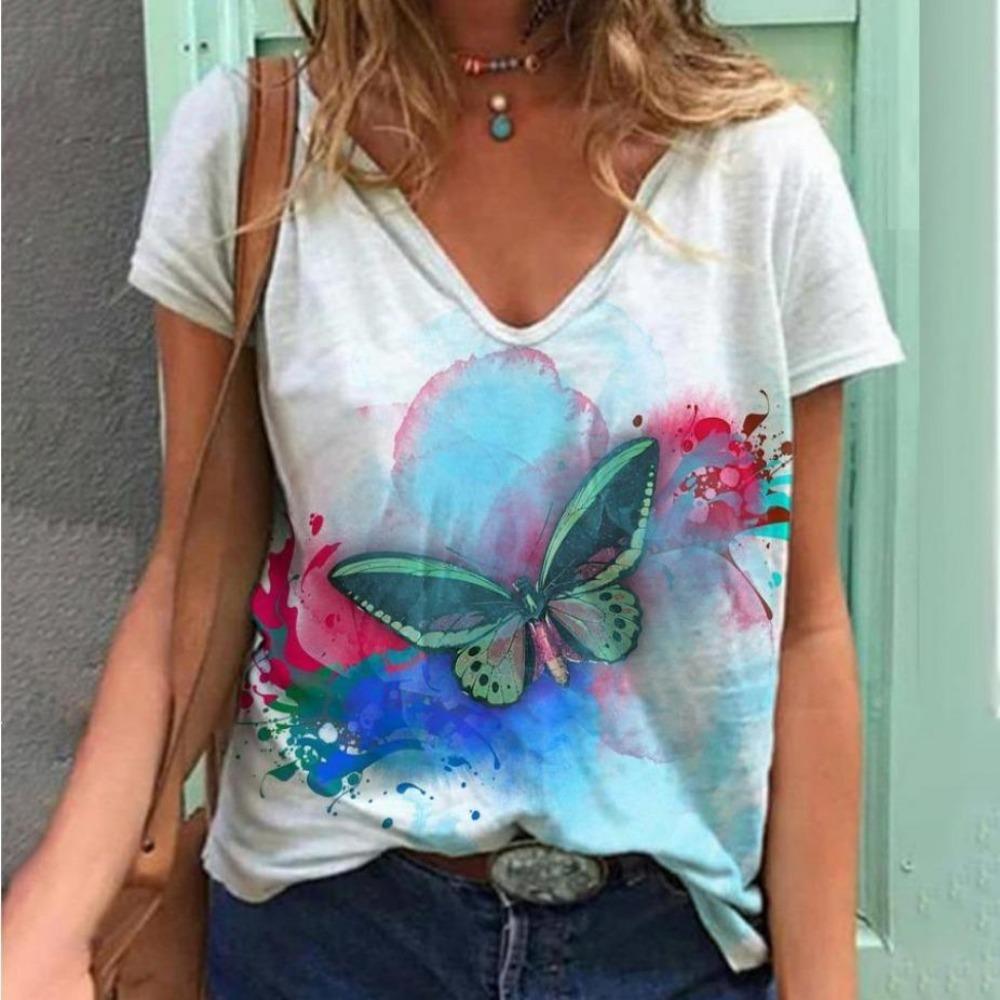 Summer Butterfly Floral T-Shirts 3D Print Women Fashion V-Neck Short Sleeve T Shirt Y2K Casual Tees Harajuku Top Female Clothing