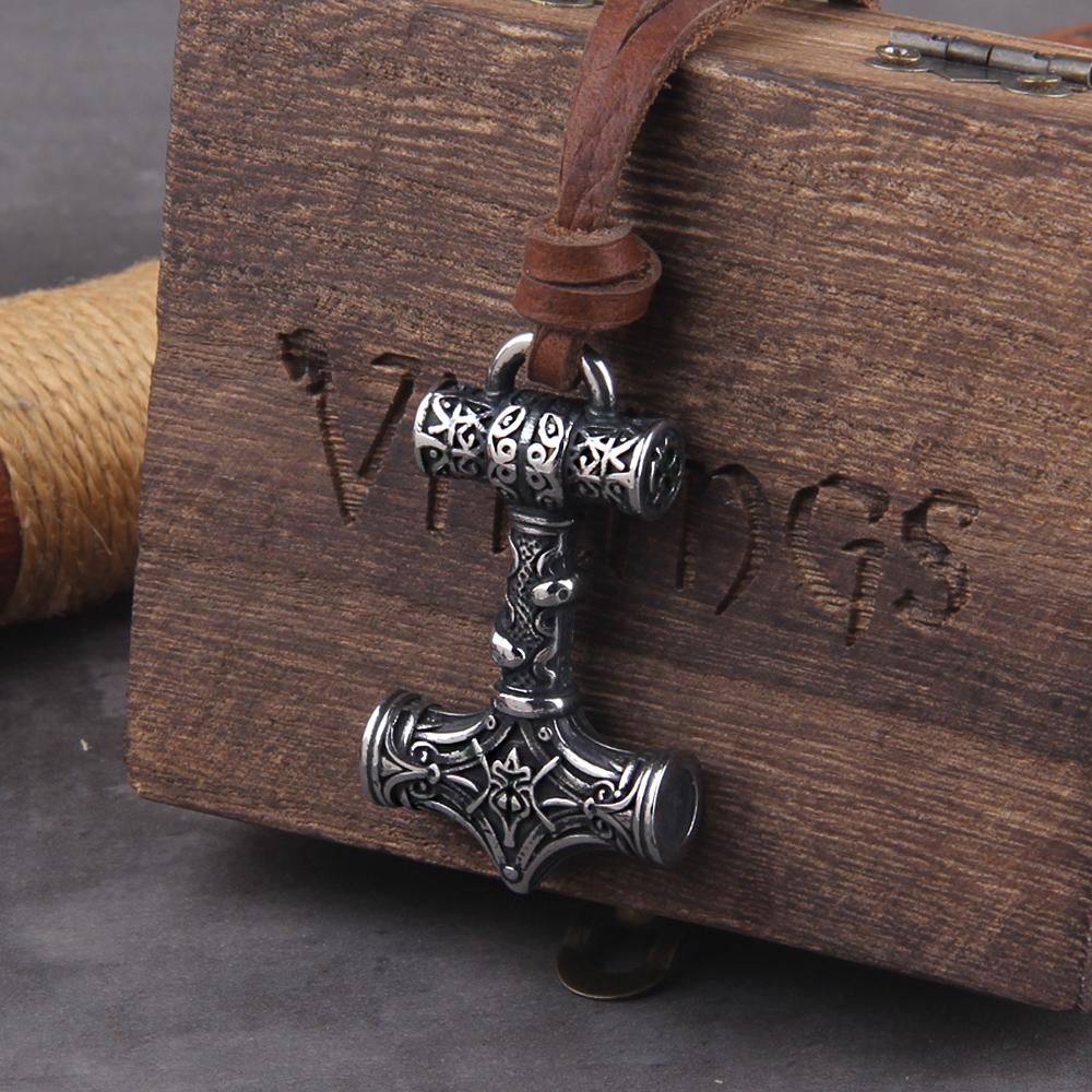 Viking Thor Hammer Necklace Stainless Steel Vegvisir Pendant Mens Amulet Jewelry Gift Vintage Norse Viking Style