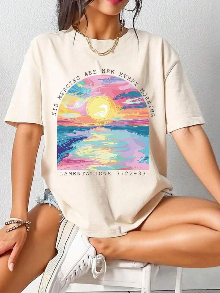 Colorful Oil Painting Sun Beach Design Womens T Shirts Cotton Casual T Shirt Summer O-Neck Streetwear Soft Oversized Tops
