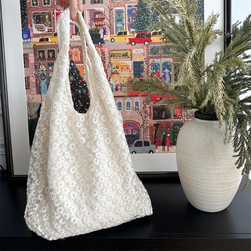 3 Mesh Flower Shoulder Bag Large Capacity Underarm Bag Spring Summer Fairy Bag Student Canvas Bag