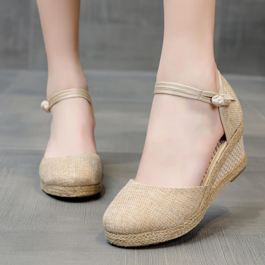 Womens Sandalias Wedges Comfortable Pointed Hemp Rope Weaving Casual Shoes