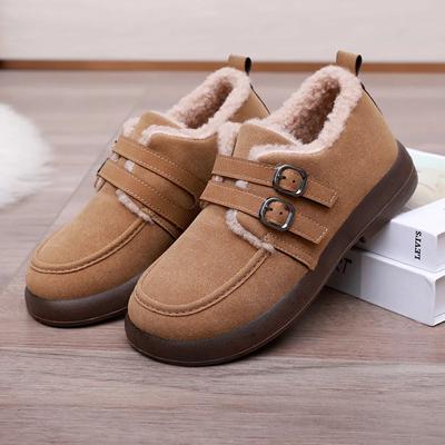 Moda Kadın Günlük Pamuklu Botlar Düz Renk Rahat Kürk Loaferlar Kadın Kışlık Sıcak Ayakkabılar Kadın Çift Tokalı Peluş Düz Ayakkabılar