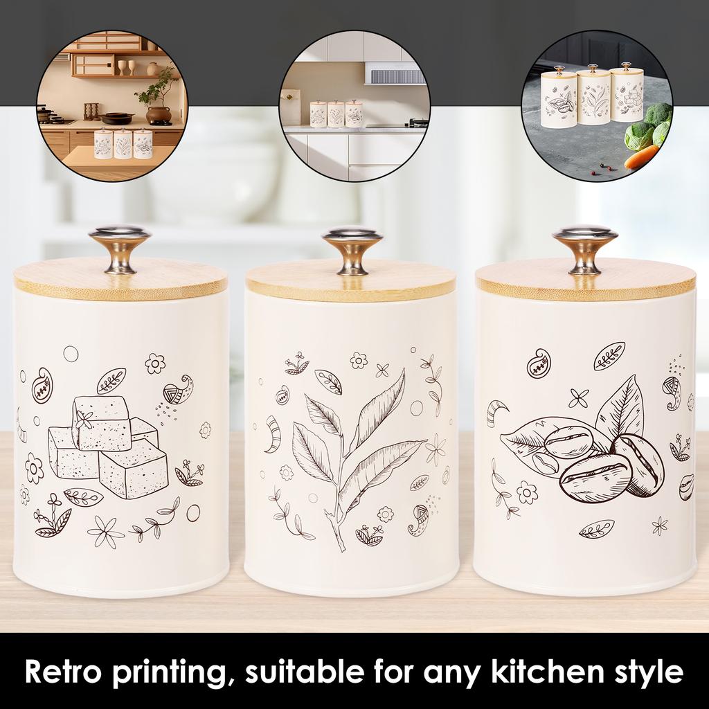3Pcs Vintage Print Metal Canister Set with Airtight Wood Lids Sugar Tea Coffee Storage Containers Jar for Counter Dining Room