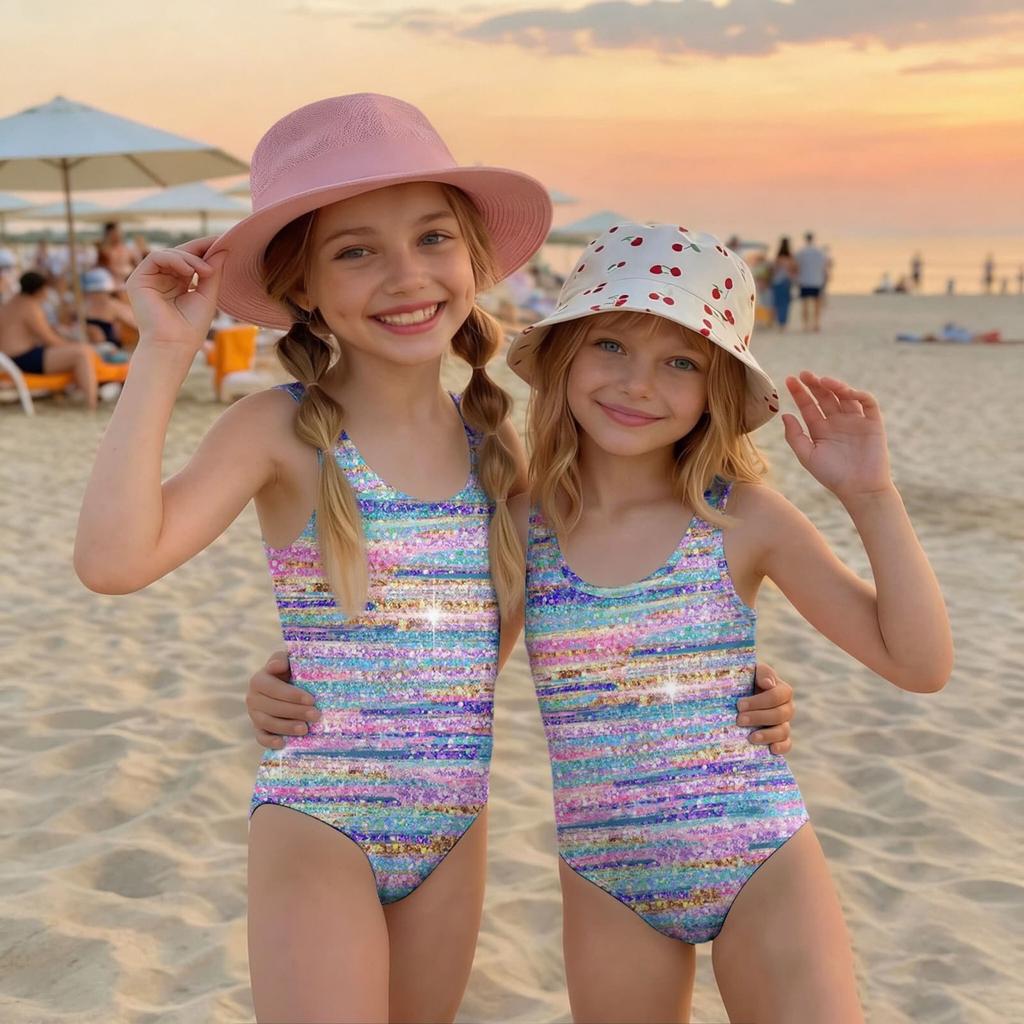 Mädchen Badeanzug Pailletten-Print Ärmellos Kinder Badebekleidung Bequeme Passform Leichter Stoff Geeignet für Sommer Strand Pool