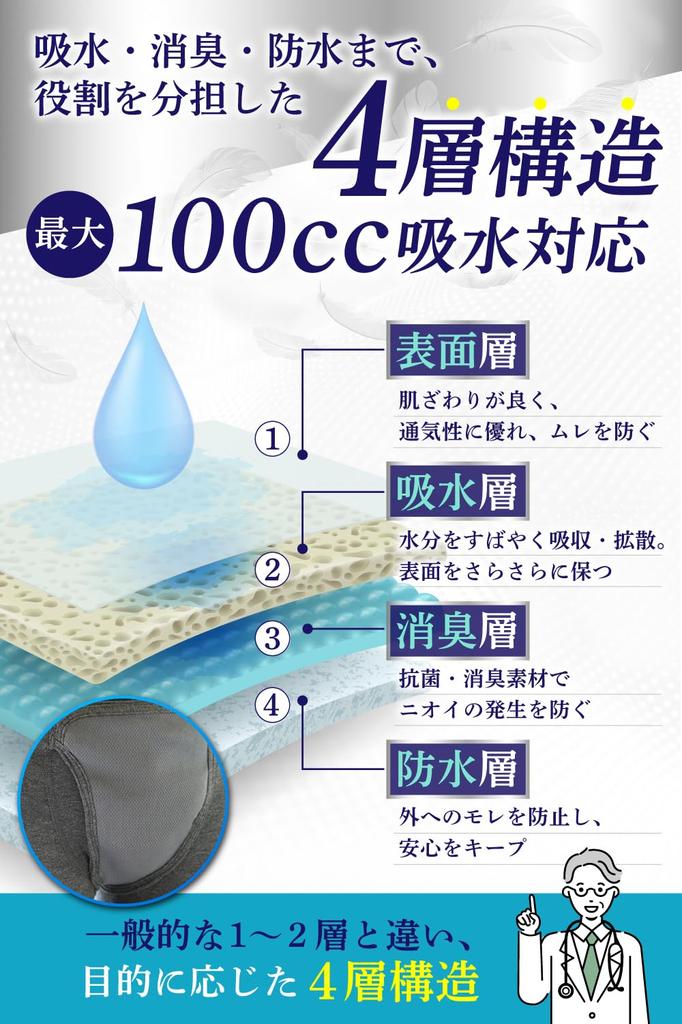 Reliable 100cc Absorbency for Discreet Leakage Incontinence and PochittoGoods 2 Prevention Men's Pants, Odor-Resistant Urine-Stain-Resistant, (Large,