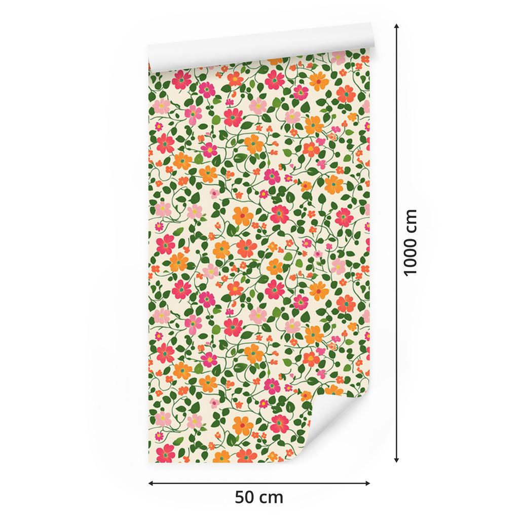 Wallpaper Small Flowers Cream, Lime and Beige for Living Room and Bedroom 50x1000