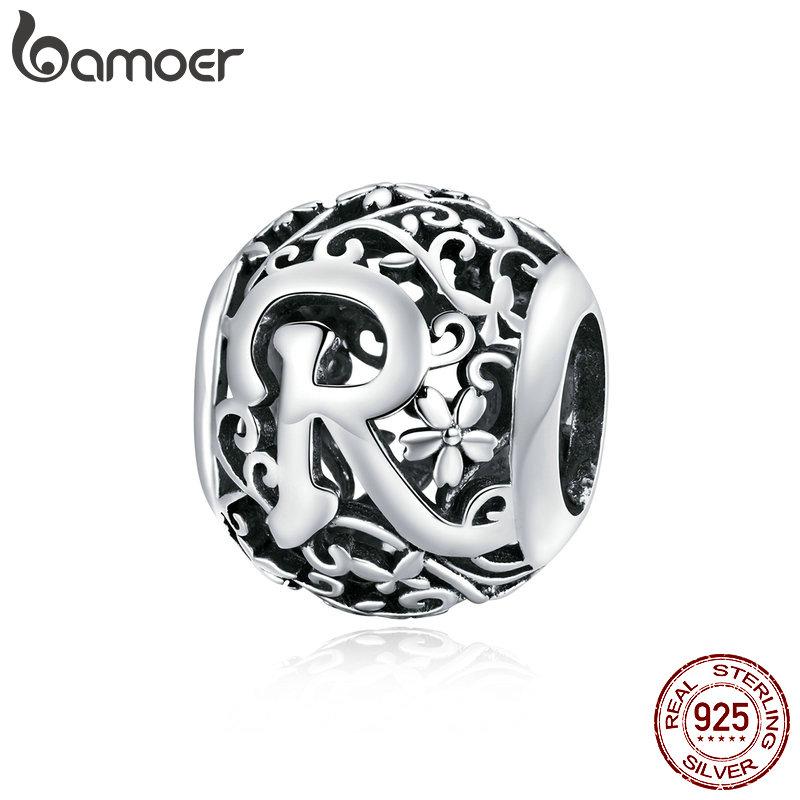 BAMOER 925 Silver Retro Letter Charms Hollowed Alphabet A-Z Round Beads for Women Bracelet DIY Jewelry Making