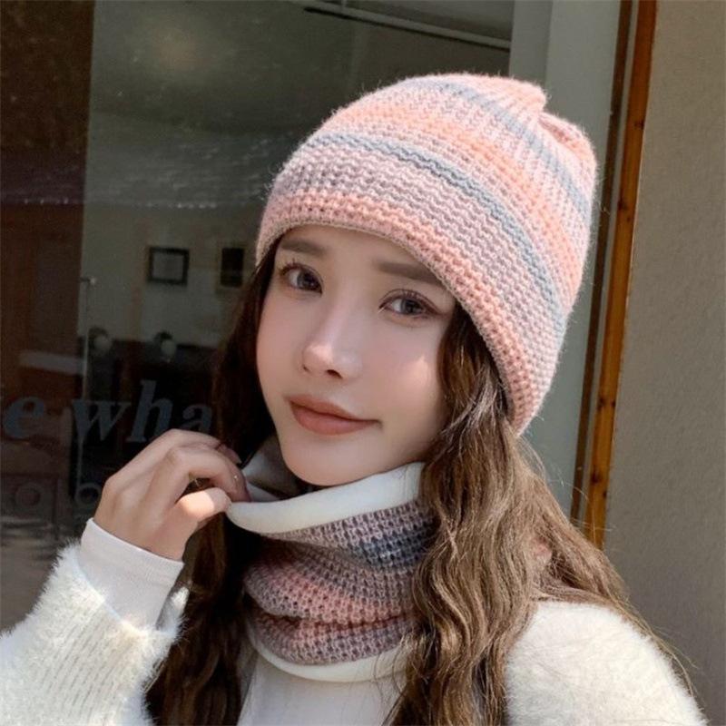 Hat Women's Winter Warm Hat Color Matching Knitted Wool Hat Thickened Scarf Set Outdoor Sports Hat