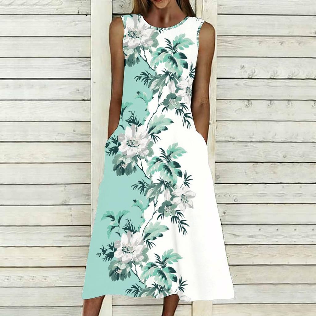 Ladies Oversized Sleeveless Crew Neck Dress Tropical Floral Printed Relaxed Midi Dress