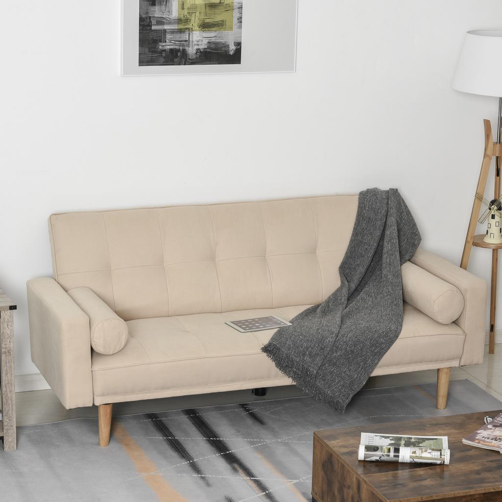 3-Seater Sofa Bed with Backrest Adjustable To 3 Levels, 2 Cushions and Removable Armrests, Beige, 185x84x85cm
