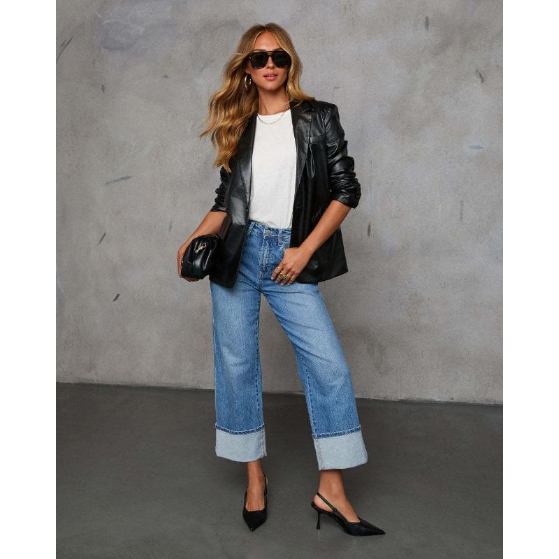 Women's Spring New Stretch Straight Jeans Quality Models Retro Rolled High Waist Trousers