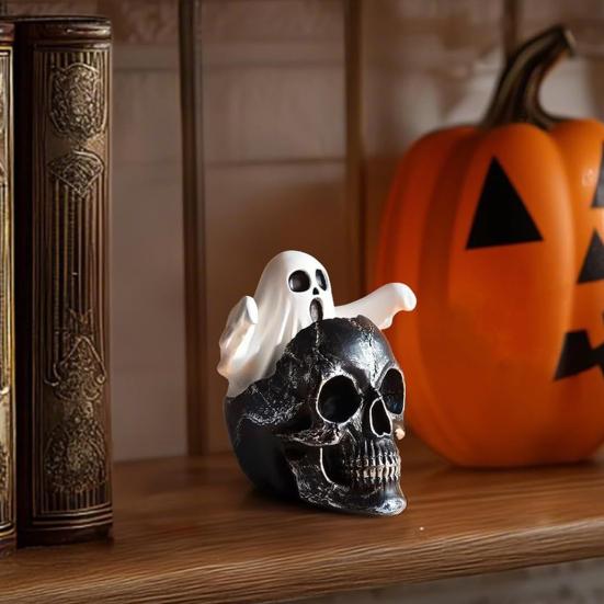Mini Skull Head with Ghost Figurine Spooky Skeleton Head Ghost Halloween Decor for Gothic Porch Indoor Office Desk Tabletop Mantel Decoration