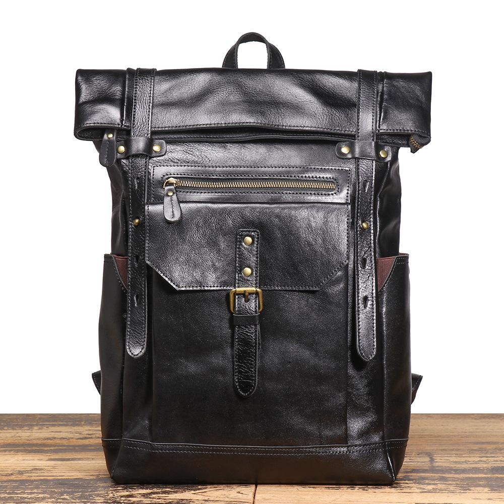 Men S Leather Backpack First Layer Cowhide Leisure Travel Backpack Large Capacity Business Computer Bag чёрный