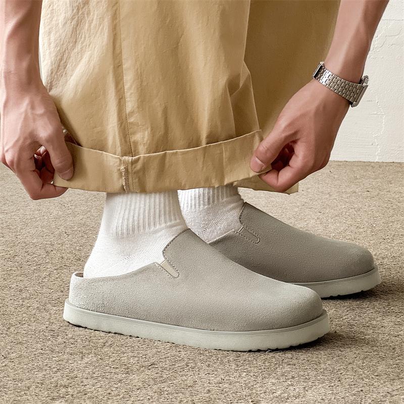 Half Shoes For Men Women Couple Mules Loafers Slippers Open-Back Casual Shoes Suede Leather Slides Sandal Platform Slip On Flats