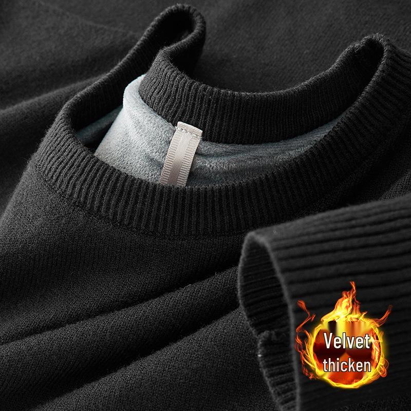 Men’s Winter One-Piece Velvet Sweater: Round-Neck, Thickened Base Layer, Warm Solid Color Knitwear