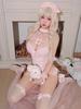 SENMHS Sexy Maid Cosplay Lingerie Open Erotic and Cute Pink Ruffled Costume with Stockings and One Perfect for and Events Set, See-Through, Crotch,