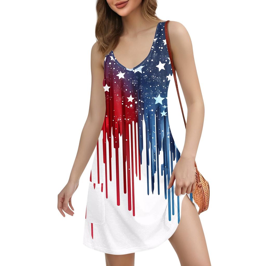 Women's Casual Print Bohemian Beach Dress With Pockets V Neck Tank Dress