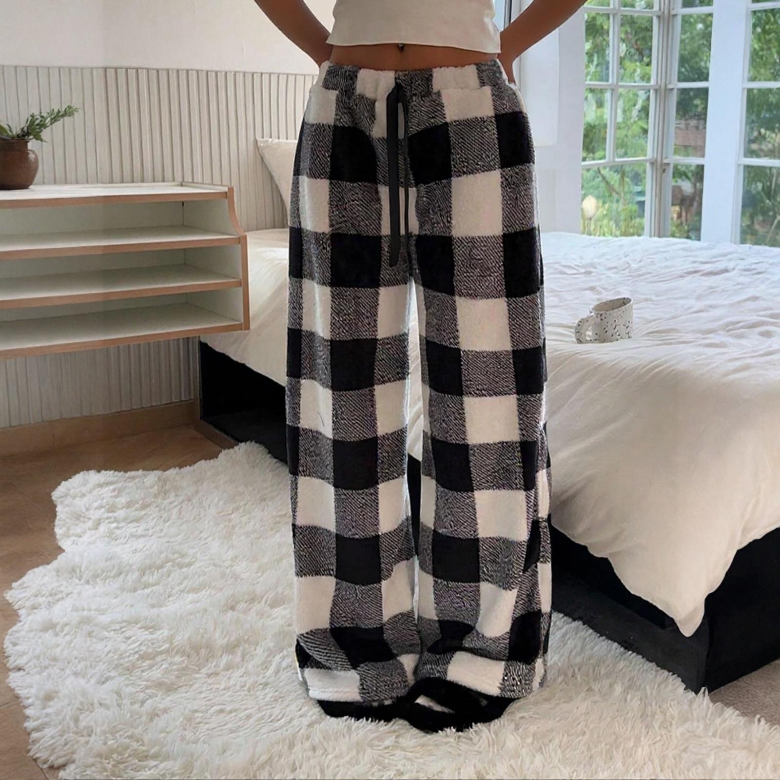 

Women s Loose Elastic Drawstring Plush Checked Long Pants M чёрный