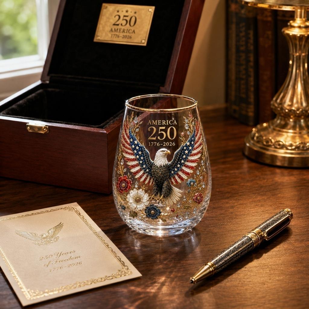 250 Years of Freedom Commemorative Eagle Glass 1776 To 2026 USA Anniversary Collectible Drinkware Stemless Glassware