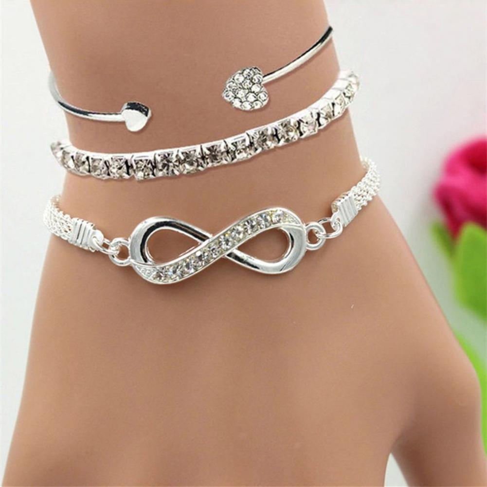 3 Pcs Women Bracelets Rhinestone Decor Hollow Infinite Symbol Heart Stackable Wrist Jewelry Lady Prom Party Wedding Bangle Set