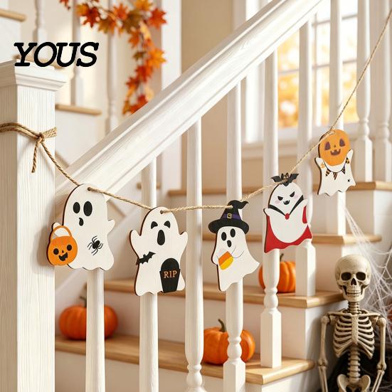 Wooden Halloween Signs Ghost Hanging Sign with Hemp Rope, Cute Wall Ornaments Pendants for Home Party Decorations And Pumpkin Decor