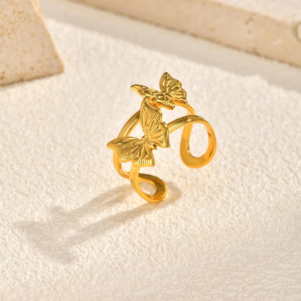 Open Adjustable Butterfly Heart Ring for Women, Hypoallergenic Stainless Steel Gold Color Aesthetic Fashion Jewellry Accessories