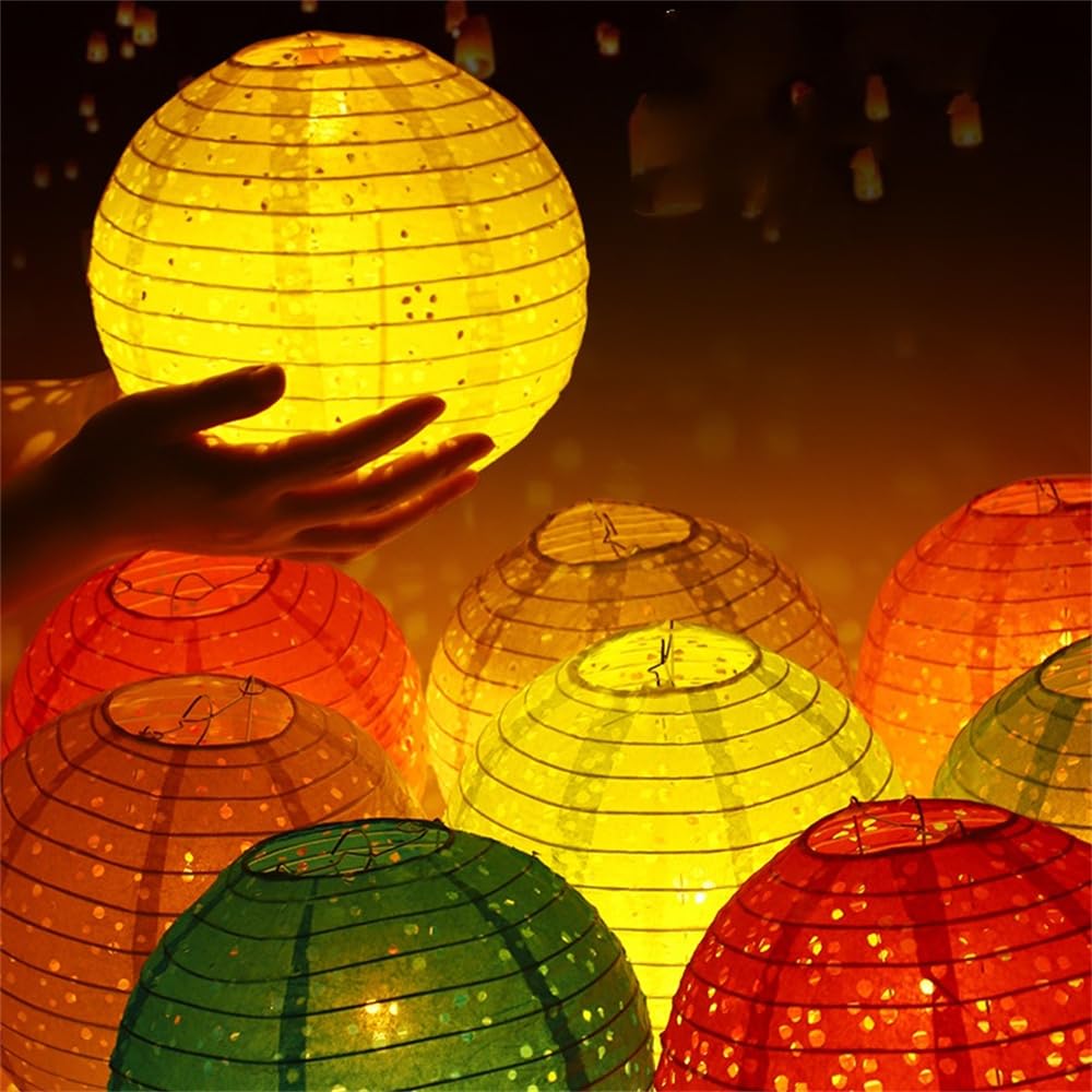 DUOLEIMI Paper Lanterns for Obon Festivals, Openwork Paper Lanterns with LEDs, Colorful, Set of 10 (30cm Round)