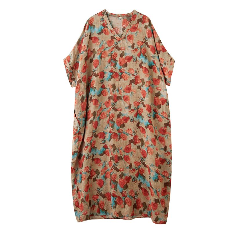 DIMANAF 2025 Sommer Damen Druck Übergröße Langes Leinenkleid Kurzarm Vintage Casual V-Ausschnitt Basic Lockeres Kleid