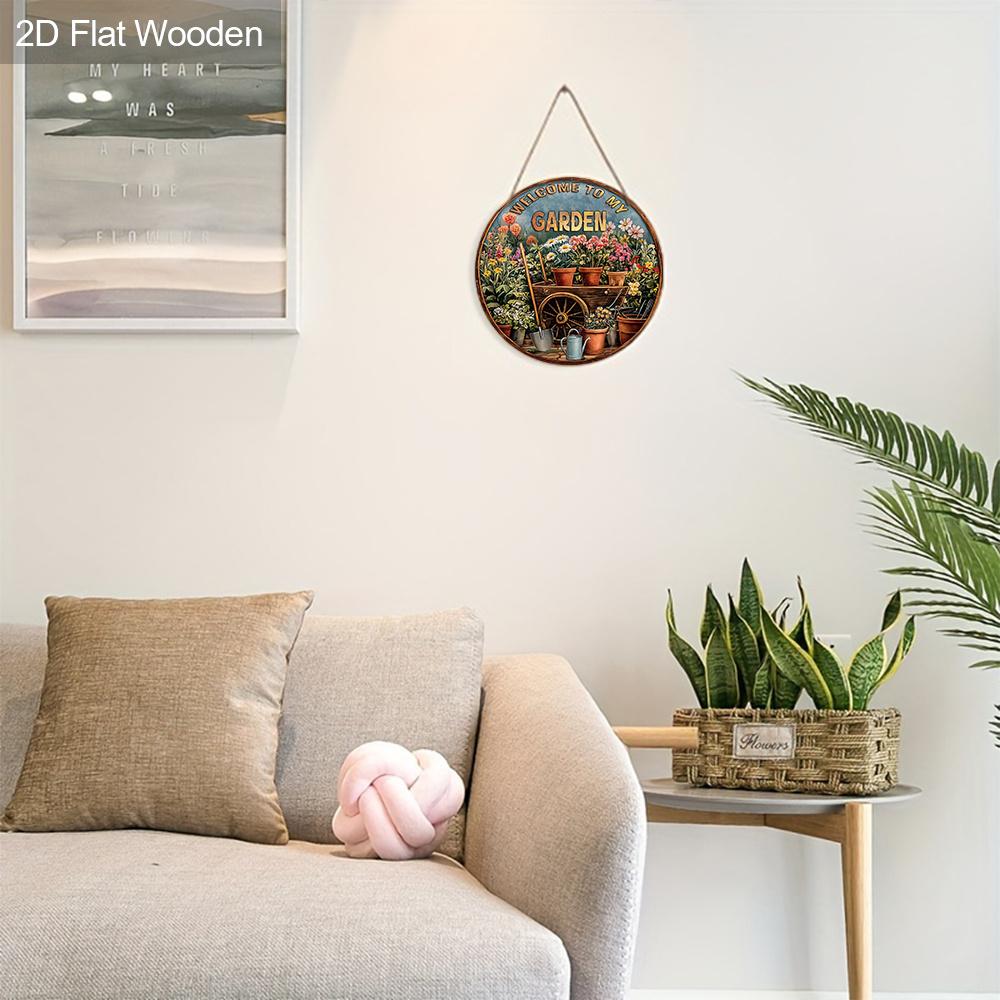 Vintage Wooden Welcome Sign with Garden Bonsai Pattern - Unique Round Sign for Front Door, Wall, Porch Hanging Decor - Ideal Home Hanging Ornament