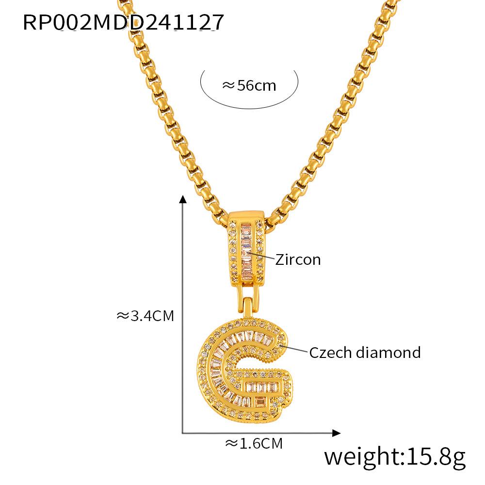 Minimalist Letter Inlaid Diamond Copper Pendant Necklace with Long Box Chain in Gold-Plated Titanium Steel