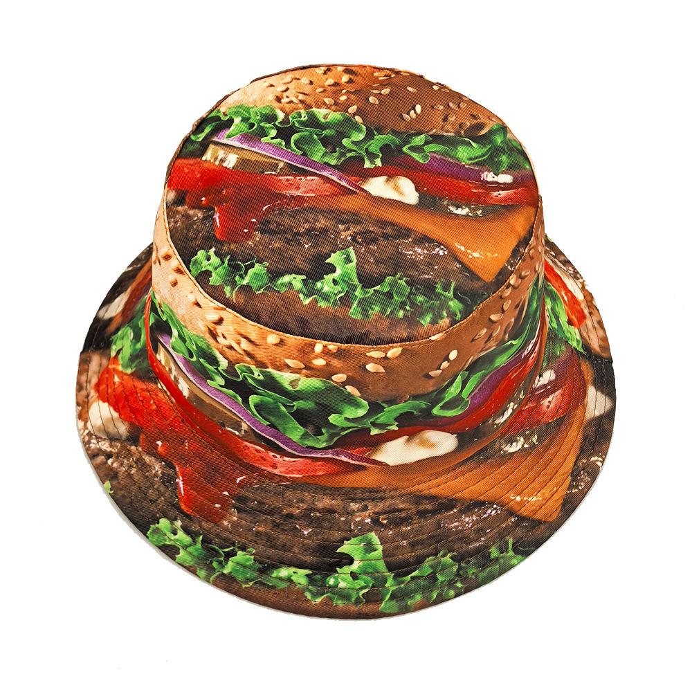 Unisex Burger Print Fisherman Hat Sun Hat with Realistic Beef Veggie Toppings Lightweight Non-Stretch Bucket for Men Women
