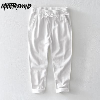 Summer Simple Style Men's Pants Beach Breathable Ramie Cotton Men Trousers Daily Casual Baggy Long Pants Solid Color Drawstring Elastic Waist