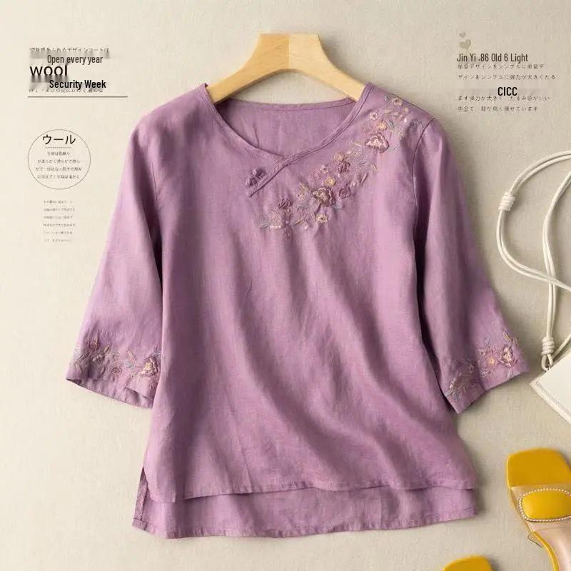 

2024 Women s Retro Embroidered Cotton-Linen Three-Quarter Sleeve T-Shirt M 80-100 жёлтый