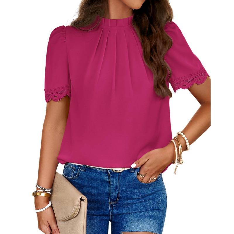 YYFS Damenmode, lässig, Sommer, Frühling, einfarbig, bedruckt, kurzärmelig, O-Ausschnitt, Blusen und Hemden