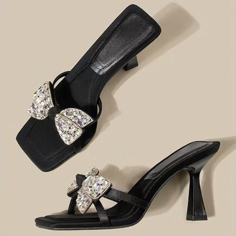 Yaz Yeni Stiletto Sandalet Kare Burun Açık Burun Payetli Kelebek Düğüm İnce Askılı Kaymaz Aşınmaya Dayanıklı Yüksek Topuklu Terlikler