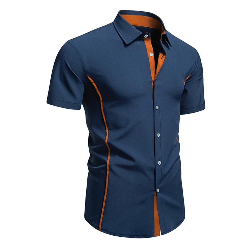 Camisa Masculina Casual Fashion Color Block Manga Curta Single Breasted Lapela