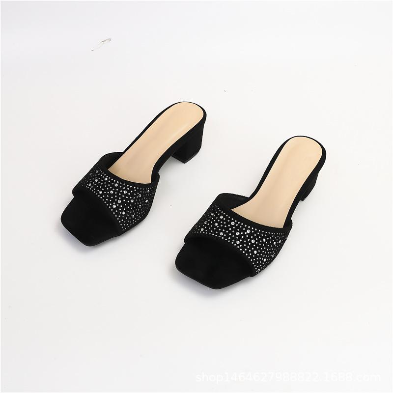 Fashion Full Diamonds Woman Open Toe Mules Shoes Summer High Heels Slides Ladies Slip On Crystal Slippers Wedges Pantufla Velvet Sandals