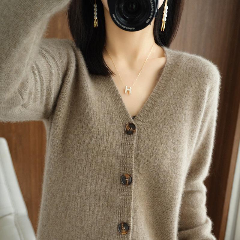 Women's 2023 Knitted Wool V-Neck Cardigan Sweater, Autumn/Winter Solid Color with Cashmere.