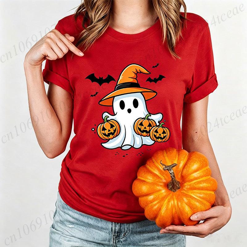Halloween Schattige Geest Heksenhoed Print T-shirt voor Dames Cartoon Pompoen Vleermuis Grafische Tee Herfst Casual T-shirt Halloween Kostuum Tops