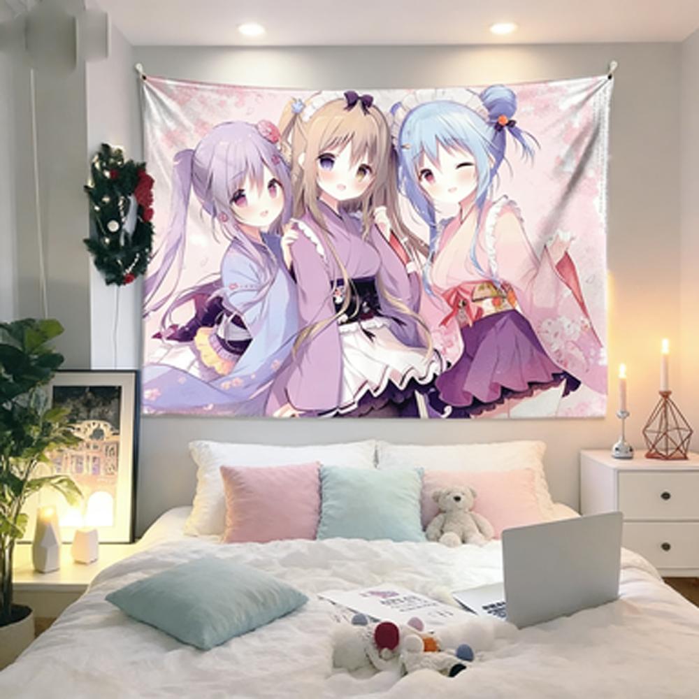 Cherry Blossom Girl Anime Tapestry Macaron Gradient Print Cozy Kids Room Bedroom Background Decor