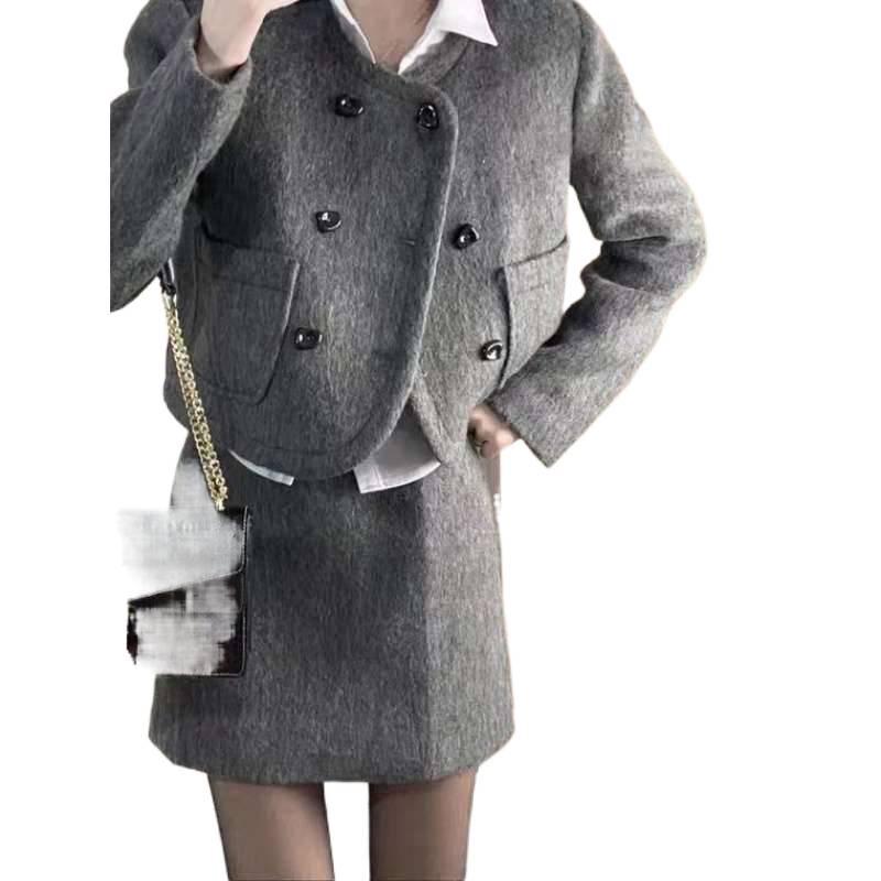 Elegant Socialite High-End Wool Suit Skirt Set - Short Jacket and Skirt for Women