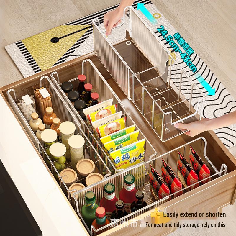 Retractable Kitchen Seasoning Organizer - Compartmented Storage for Bottles, Jars, and Packets