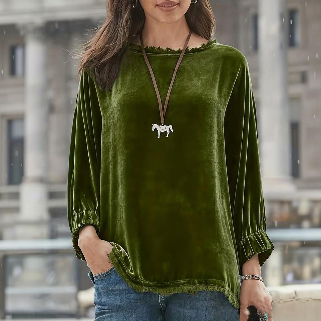 Women's Casual Pullover Top Color Neck Long Sleeve Loose Fit Shirt for Everyday Wear