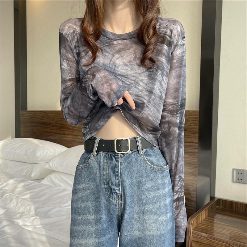 Summer Women s Long Sleeve Mesh Sun Protection Top in Ice Silk Tie Dye Crop T Shirt 90 серый